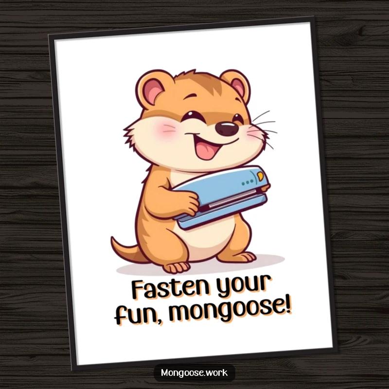 Funny Free Printable Wall Art: Adorable mongoose character energetically using a stapler with a wide, enthusiastic grin, bringing office humor.