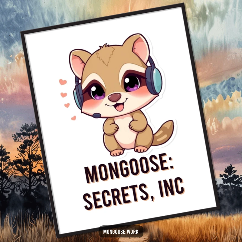 Funny Free Printable Wall Art of a mischievous mongoose in a headset, whispering secrets, adding a spy theme.