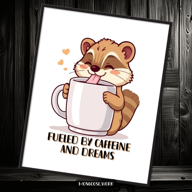 Funny Free Printable Wall Art: Cheerful Kawaii mongoose happily drinking from a giant coffee mug, office humor.