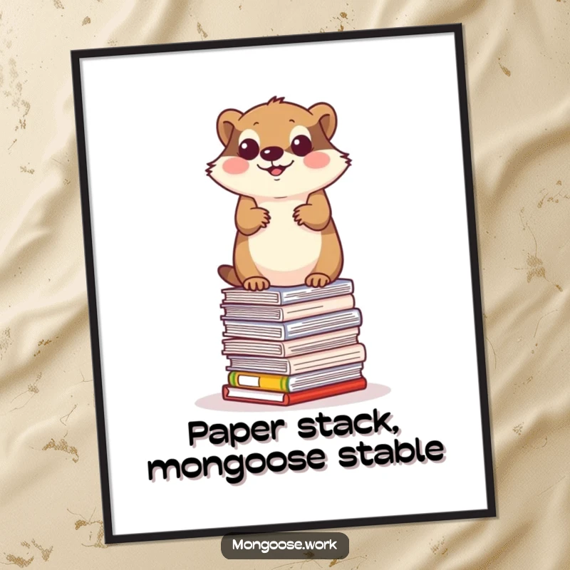 Funny Free Printable Wall Art: Determined mongoose balancing on a stack of office papers, witty decor.
