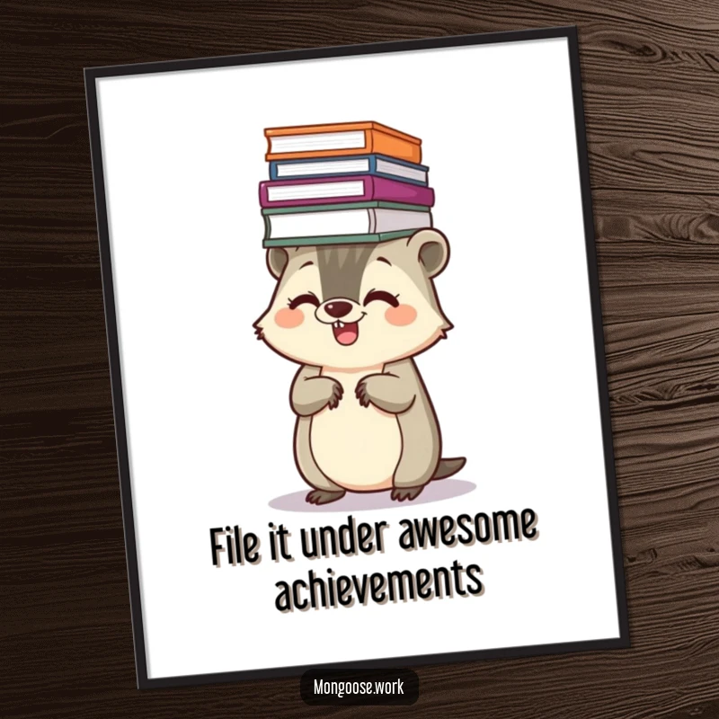 Funny Free Printable Wall Art: A giggling Kawaii mongoose character humorously balancing a tall stack of files on its head.