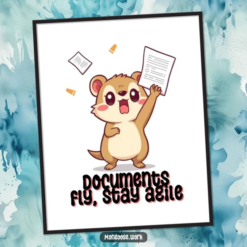 Funny Free Printable Wall Art: A surprised Kawaii mongoose character comically dodging a flying document, mid-air evasion.