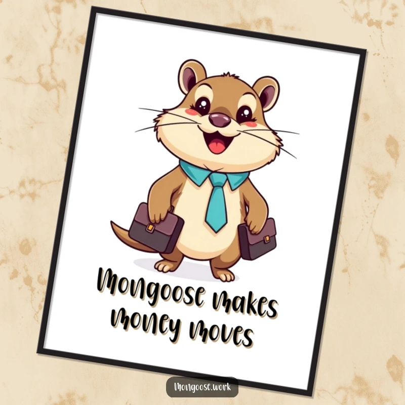 Funny Free Printable Wall Art: A cheerful mongoose in a tiny tie happily clutches a briefcase, exuding professional charm.