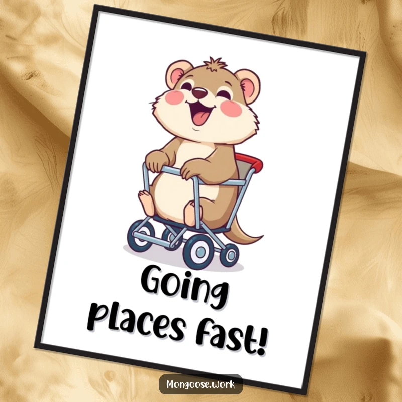 Funny Free Printable Wall Art: Joyful mongoose happily being pulled in a rolling chair, a humorous and dynamic piece of downloadable art.