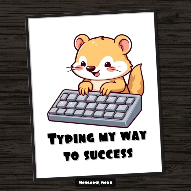 Funny Free Printable Wall Art: Cute mongoose enthusiastically typing on a large-keyed keyboard, a humorous and dynamic piece of downloadable art.