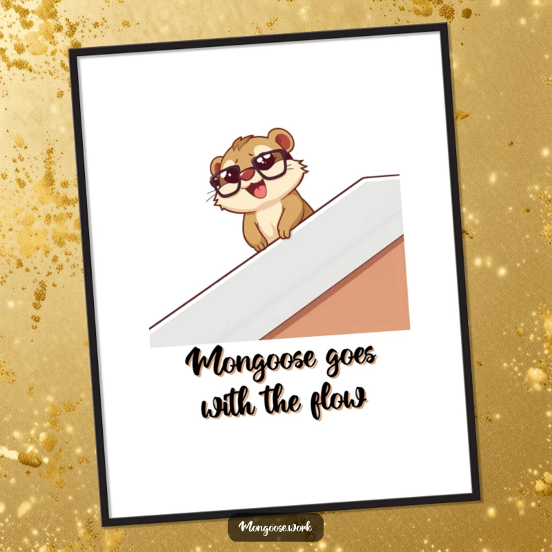 Funny Free Printable wall art of a mongoose wearing glasses sliding down a desk banister with pure glee, whimsical decor.