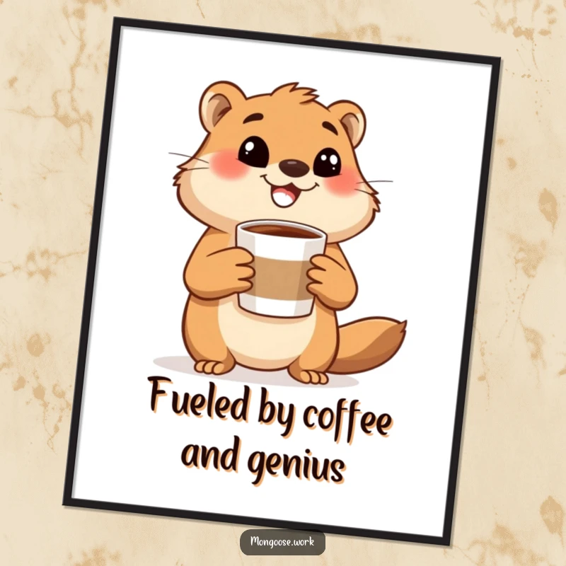 Funny Free Printable Wall Art: Happy mongoose holding a coffee cup, gesturing excitedly, a humorous and vibrant piece of downloadable art.
