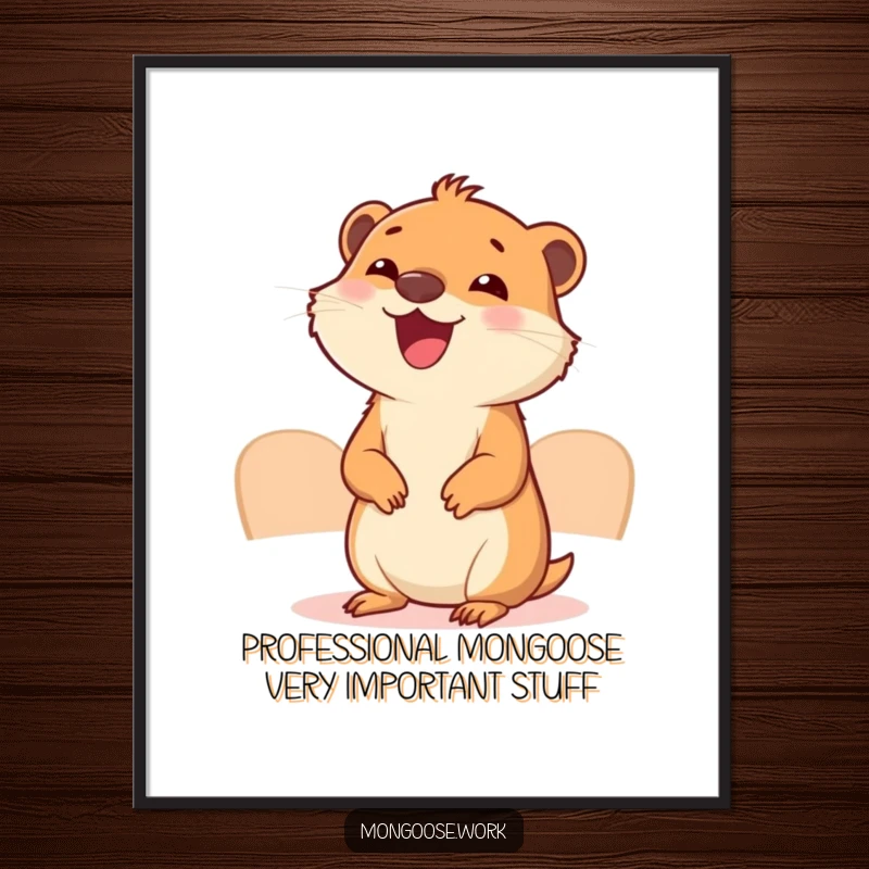 Funny free printable wall art of a cute mongoose enthusiastically leading a very small business meeting, complete with tiny chairs and a whiteboard.