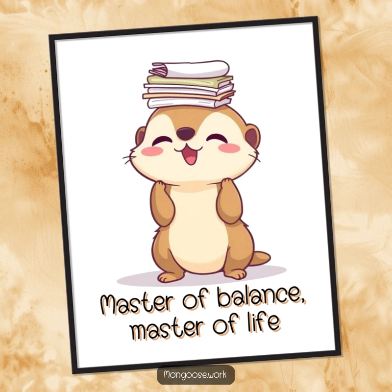 Funny Free Printable Wall Art of a cute mongoose balancing a precarious stack of papers on its nose with glee.