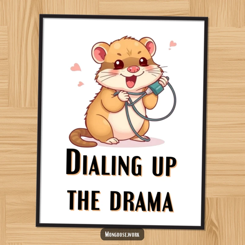 Funny Free Printable Wall Art: Adorable mongoose character comically entangled in a phone cord, showcasing a humorous tech struggle.