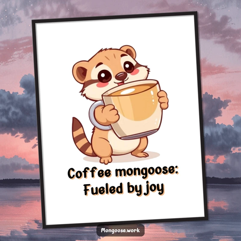 Funny Free Printable Wall Art: Mongoose with wide, excited eyes holding a comically large coffee mug, for humorous home decor.