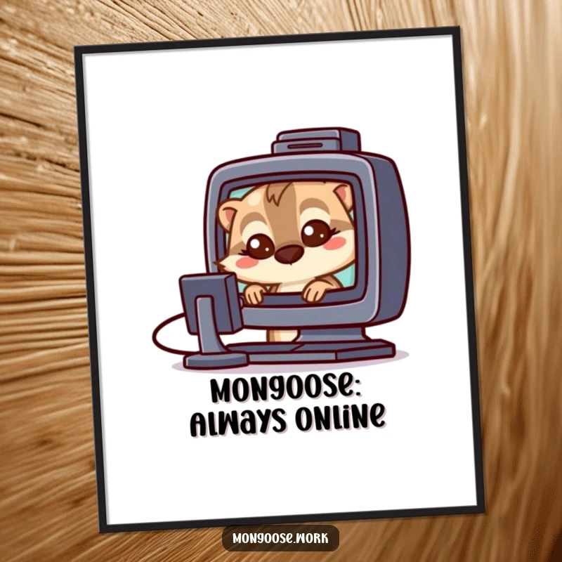 Funny Free Printable Wall Art of a curious mongoose peering wide-eyed at a computer screen, full of digital wonder.