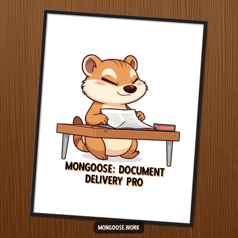 Funny Free Printable Mongoose Wall Art: A mongoose slides a document across a desk with a determined wink, witty decor.