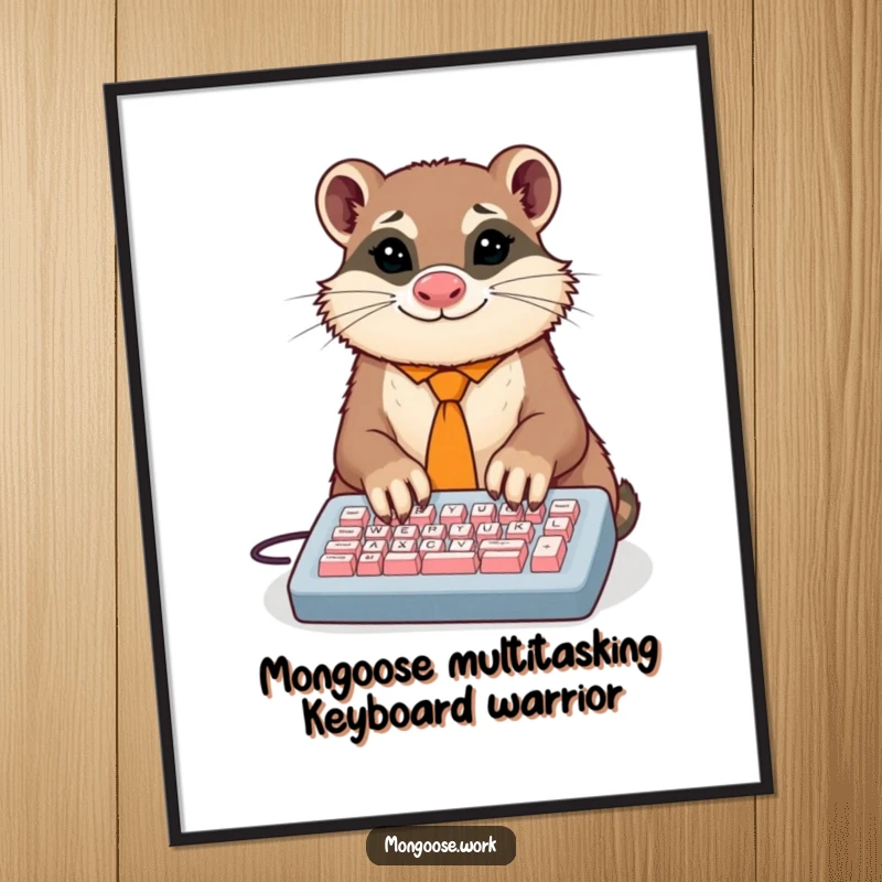 Funny Free Printable Wall Art: Mongoose in a tie comically typing on a tiny keyboard, looking like a busy executive.