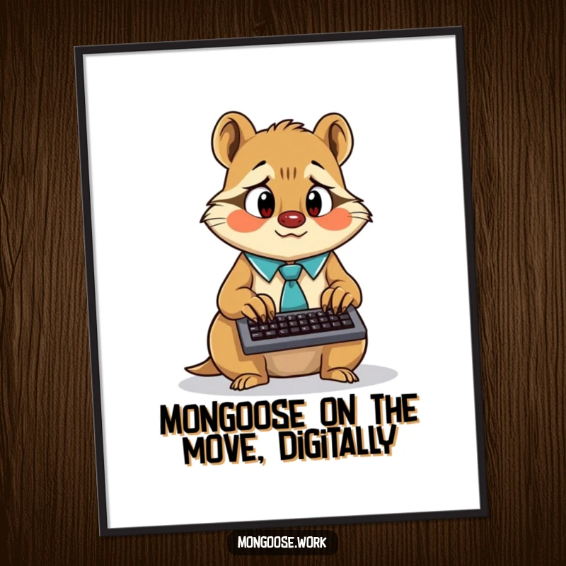 Funny Free Printable Wall Art: Surprised mongoose wearing a tie, frantically typing on a tiny keyboard, office humor.