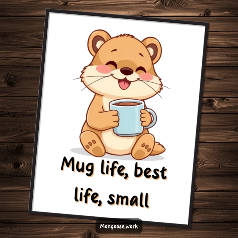 Funny Free Printable Wall Art: Happy mongoose character cheerfully sipping coffee from a minuscule mug, radiating contentment and warmth.