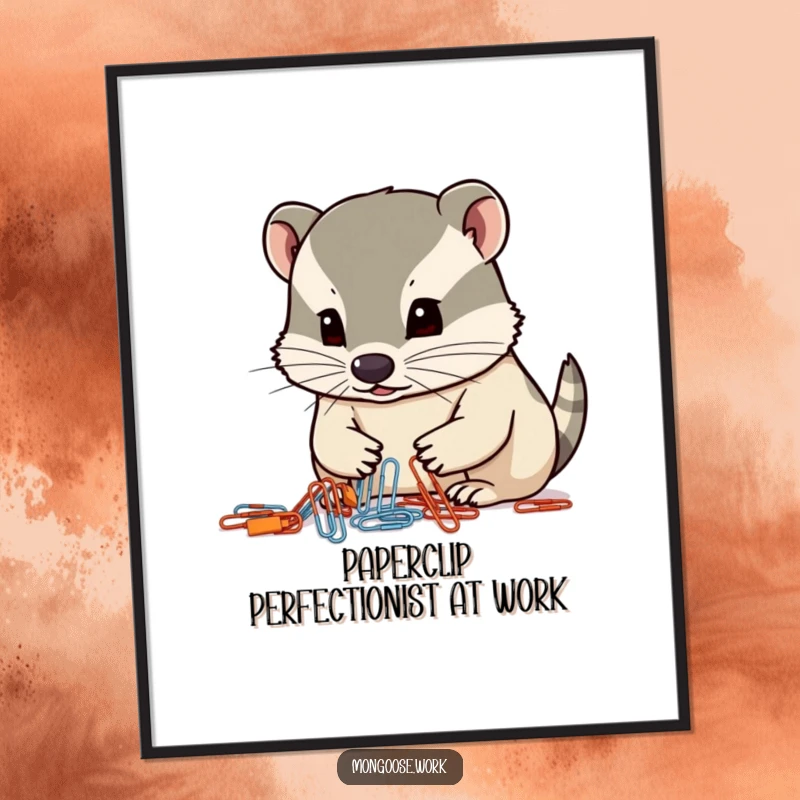 Funny Free Printable Wall Art: Mongoose intently organizing paperclips with its nose, witty office decor.