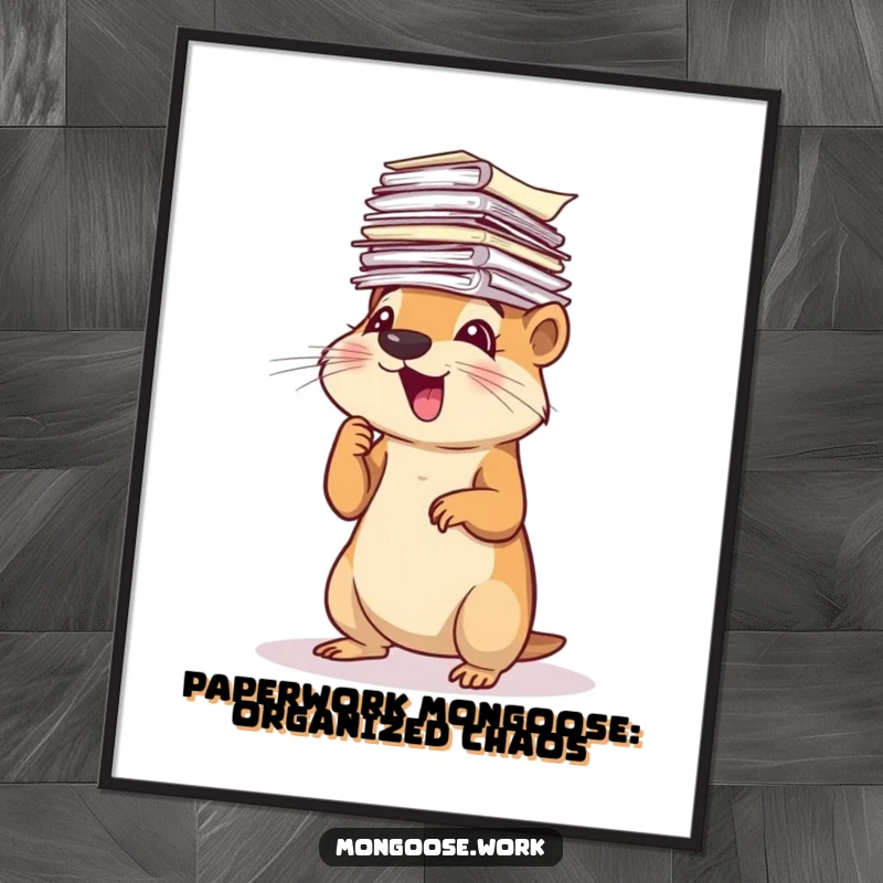 Funny Free Printable Wall Art: Mongoose buried in a huge stack of papers, looking hectic but determined, for office decor.