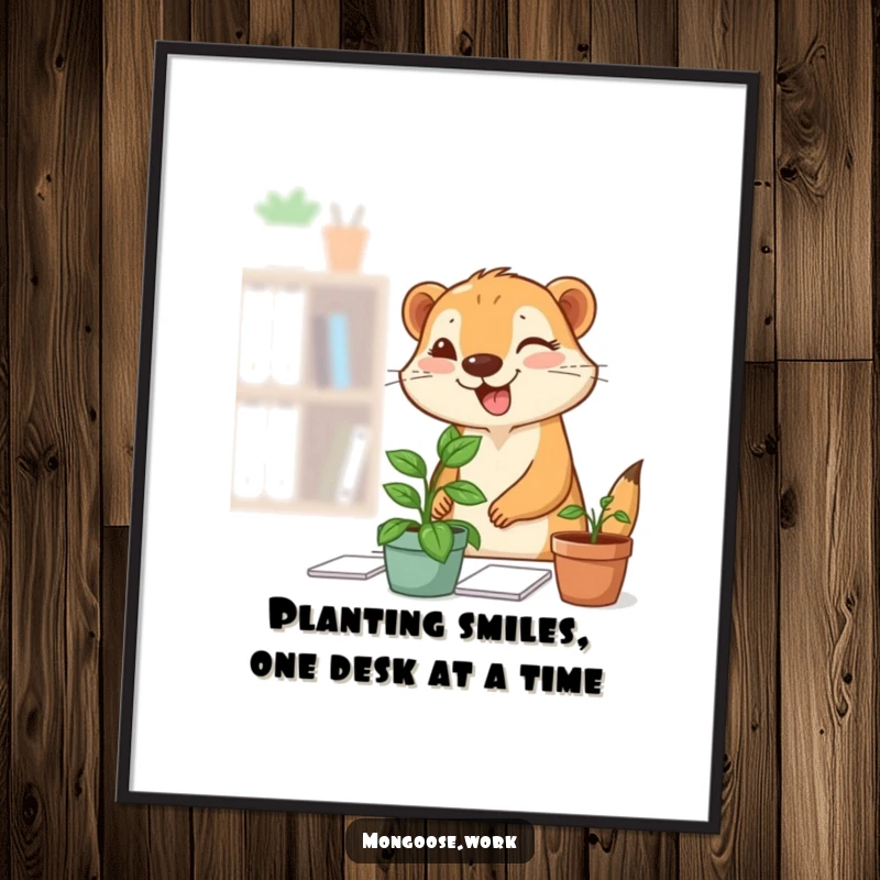 Funny free printable wall art of a cute mongoose winking as it sets a small potted plant on a desk, a sweet office addition.