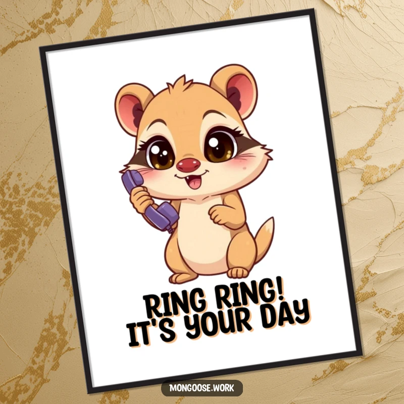 Funny Free Printable Mongoose Wall Art: An excited mongoose with focused eyes answers a ringing phone, adding humorous charm.