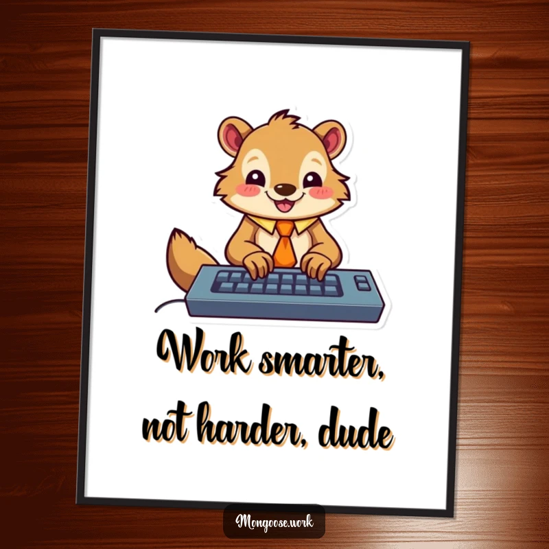 Funny Free Printable Wall Art: A happy mongoose sporting a tie, typing enthusiastically on a keyboard, bringing work humor home.