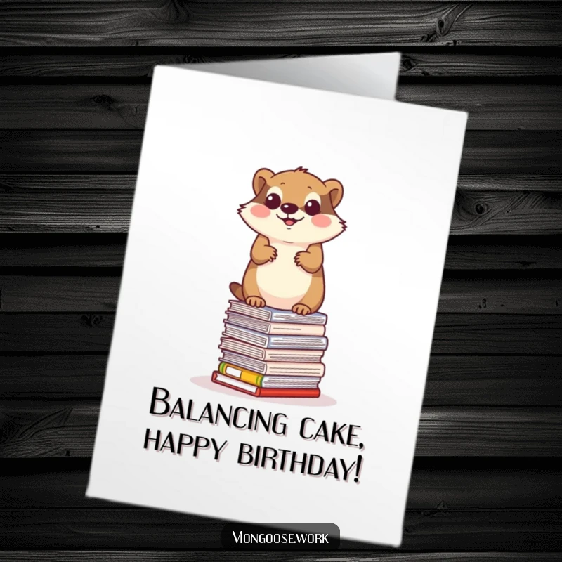 Funny Free Printable Birthday Card: Determined mongoose balancing precariously on a stack of office papers.