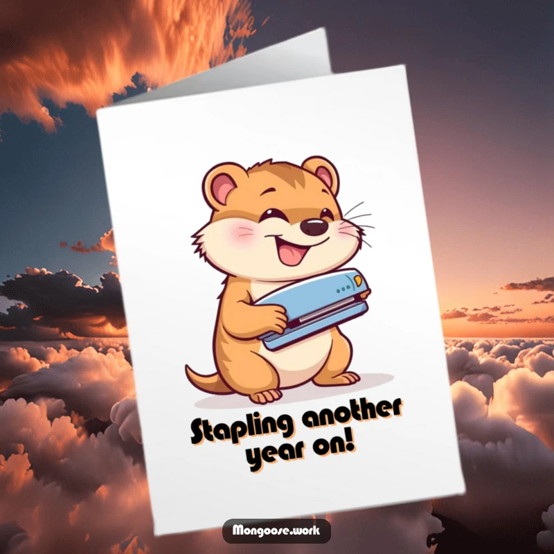 Funny Free Printable Birthday Card: Cute mongoose grinning widely while energetically using a stapler, perfect for a productive birthday wish.