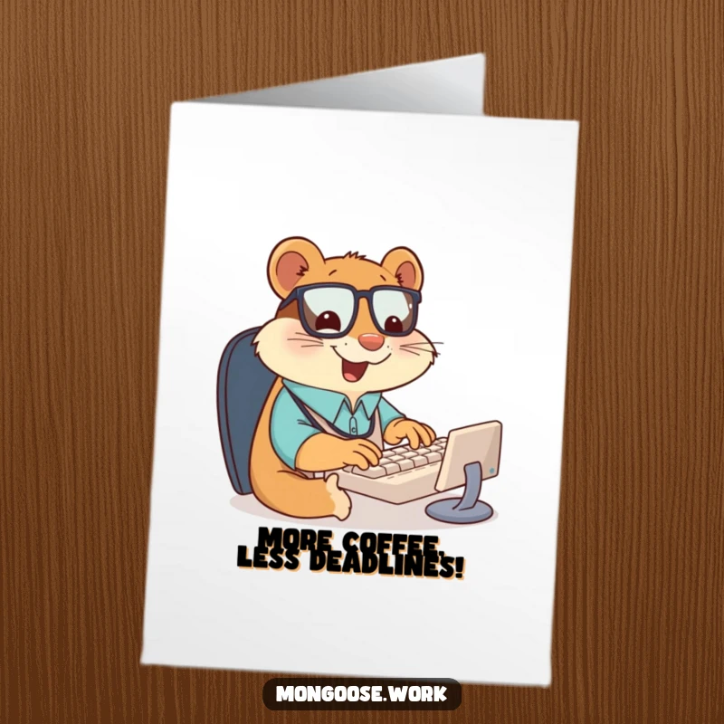 Funny Free Printable Birthday Card: Giddy mongoose office worker typing furiously on a tiny keyboard, smiling brightly