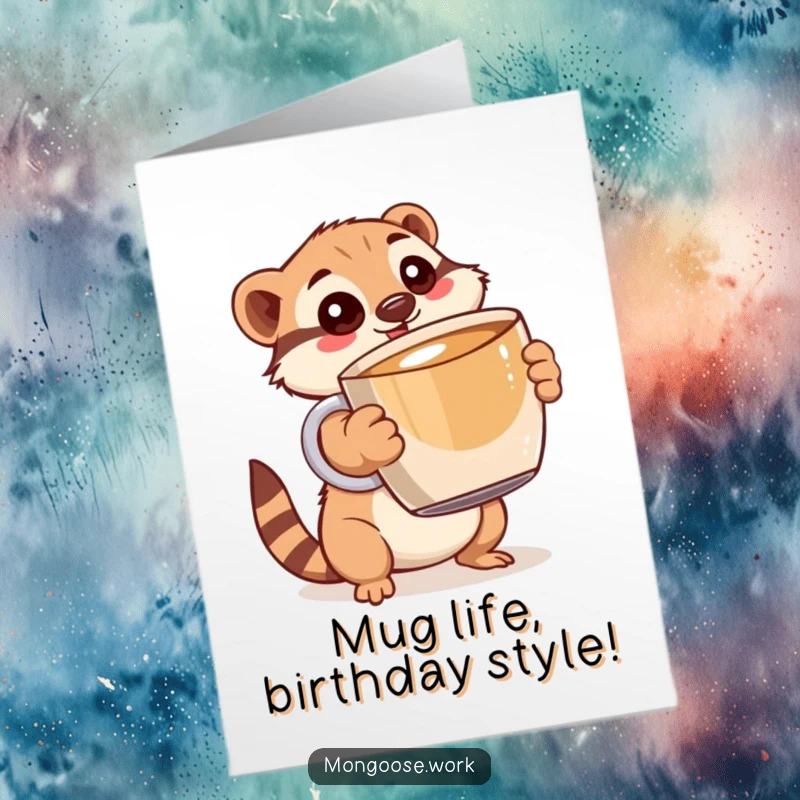 Funny Free Printable Birthday Card: Mongoose with wide eyes holding a comically large coffee mug, ready for birthday fun.