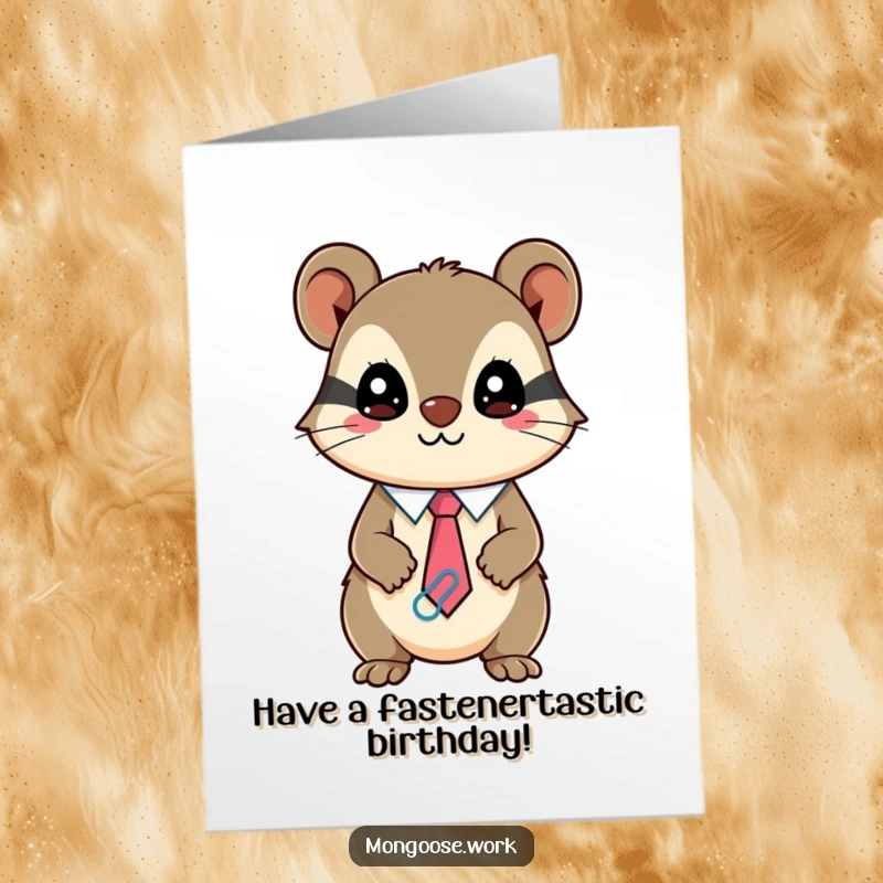 Funny Free Printable Birthday Card: Mischievous Kawaii Mongoose wearing a paperclip tie, a quirky DIY gift.