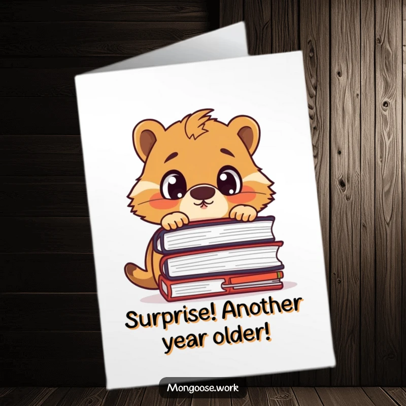 Funny Free Printable Birthday Card: Surprised mongoose character peeking nervously over a towering stack of documents and files.