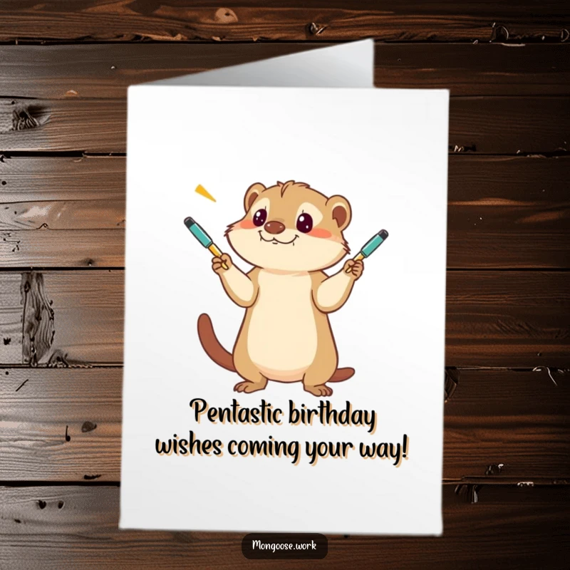 Funny Free Printable Birthday Card: Mongoose intensely juggles pens, ready for a hilarious celebration, a unique printable gift.