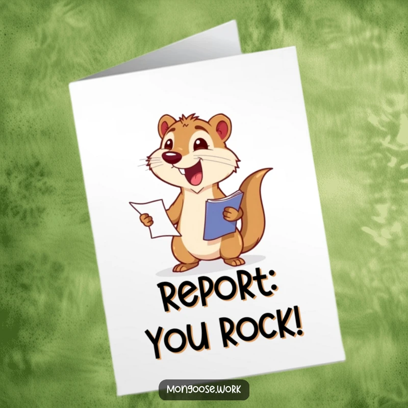 Funny Free Printable Mongoose Birthday Card, excited mongoose presenting report, wagging tail humor.