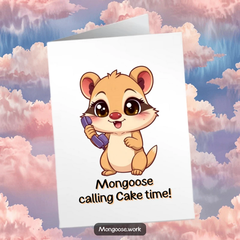 Funny Free Printable Mongoose Birthday Card: A focused mongoose excitedly answers a ringing phone, ready to deliver birthday wishes.
