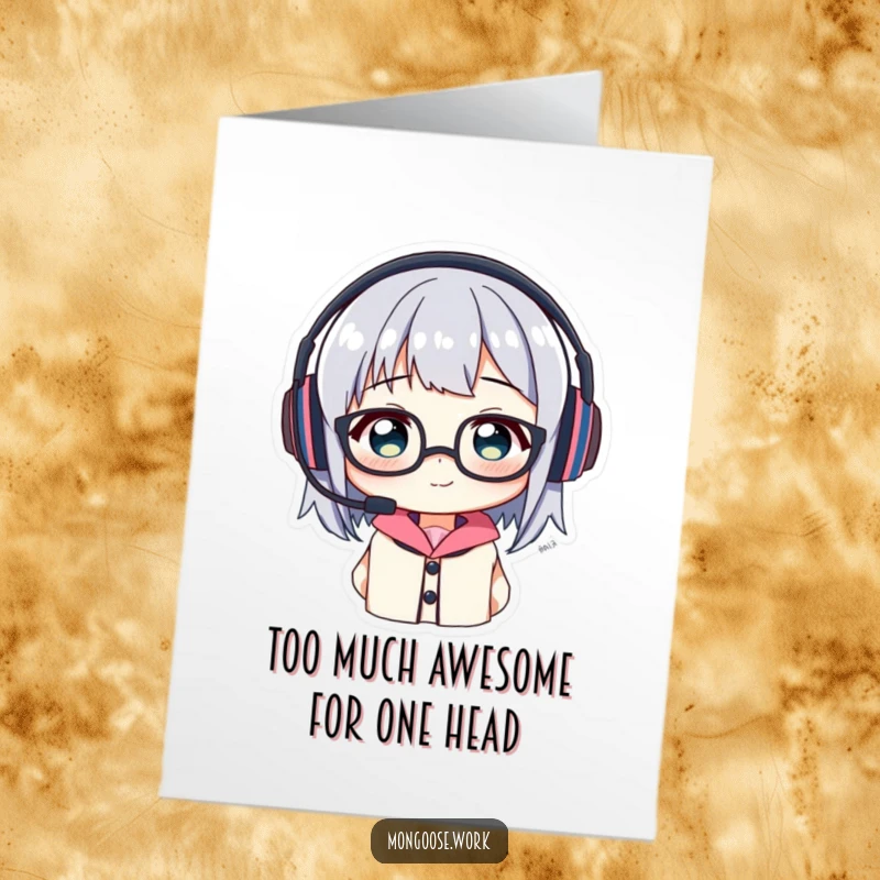 Funny Free Printable Birthday Card: Character comically struggling to wear a headset and glasses simultaneously, looking bewildered.