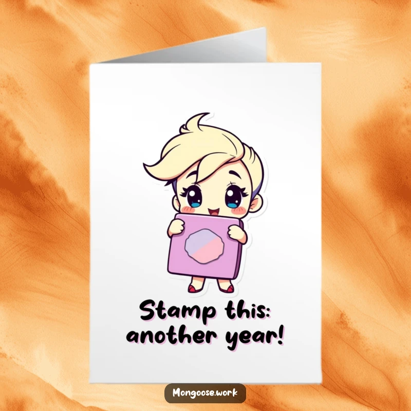 Funny Free Printable Birthday Card: Character winking playfully while holding a giant, colorful rubber stamp, ready to mark the occasion.