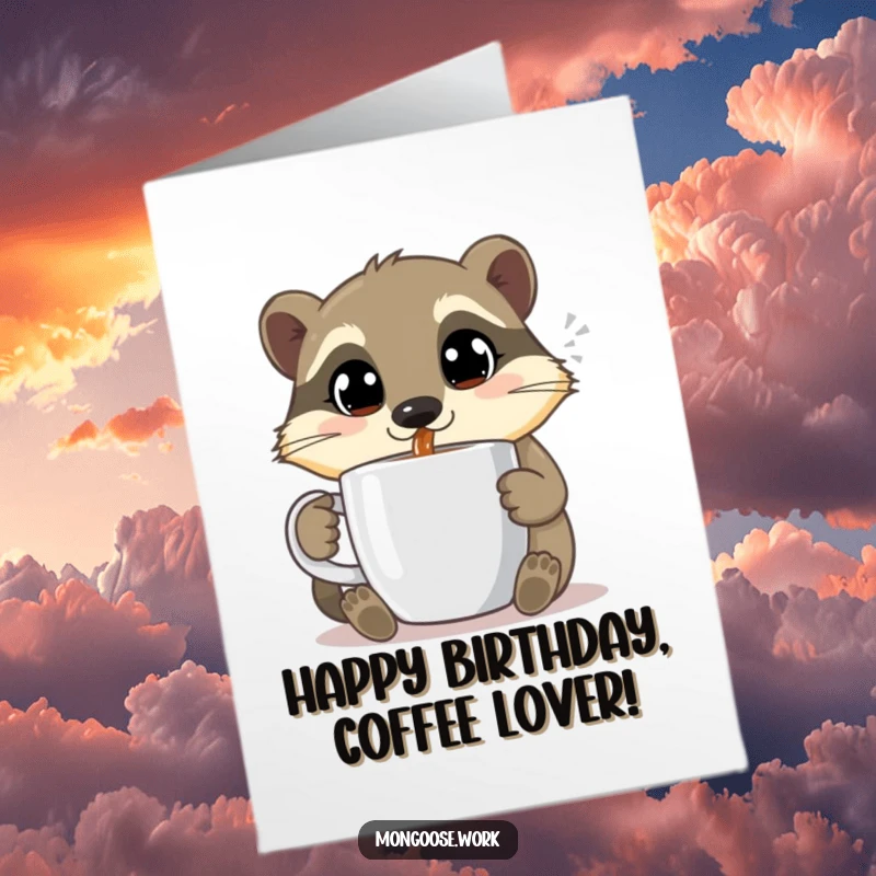 Funny Free Printable Birthday Card: A cute mongoose sips coffee from a mug, eyes wide with pure morning happiness.