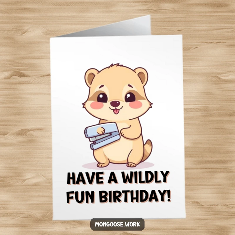 Funny Free Printable Birthday Card: A cute mongoose character happily uses a stapler on a single sheet of paper.