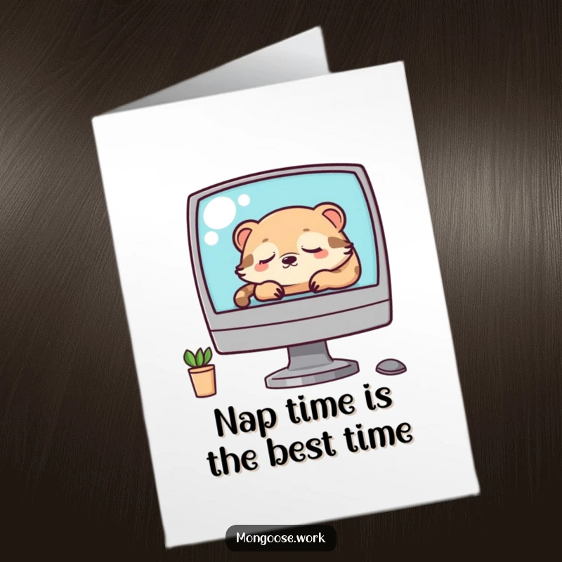 Funny Free Printable Birthday Card: Kawaii mongoose sleeping on a computer, perfect for a tired coworker.