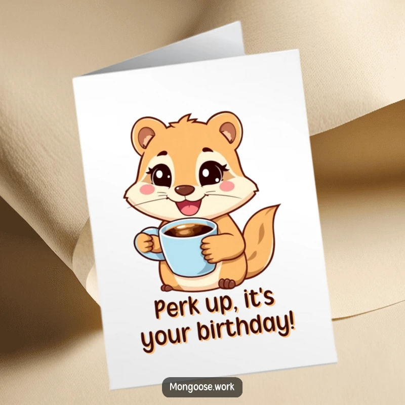 Funny Free Printable Birthday Card: Joyful mongoose with coffee and a determined smile, ready for a birthday adventure.