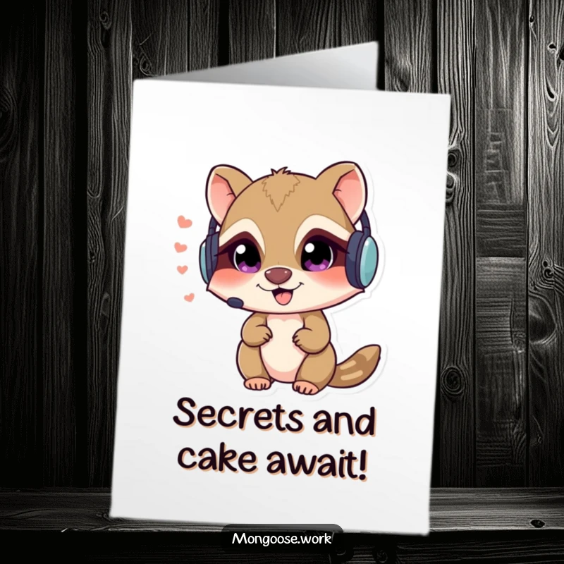 Funny Free Printable Happy Birthday card: a mischievous mongoose in a headset whispers secrets, adding spy fun.