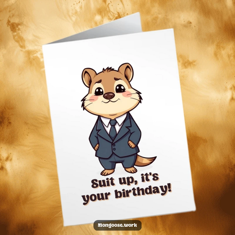 Funny free printable birthday card: Confused mongoose in a business suit looking bewildered, a hilarious downloadable greeting.