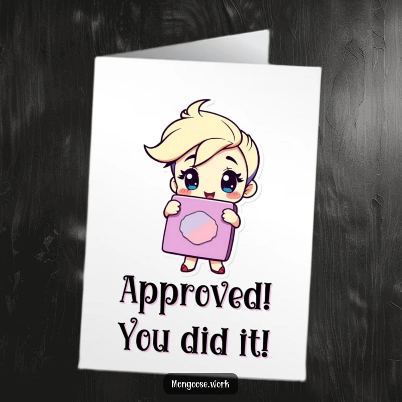 Funny Free Printable Congratulations Card: Character winks playfully, holding a large, vibrant rubber stamp, signifying approval and celebration.