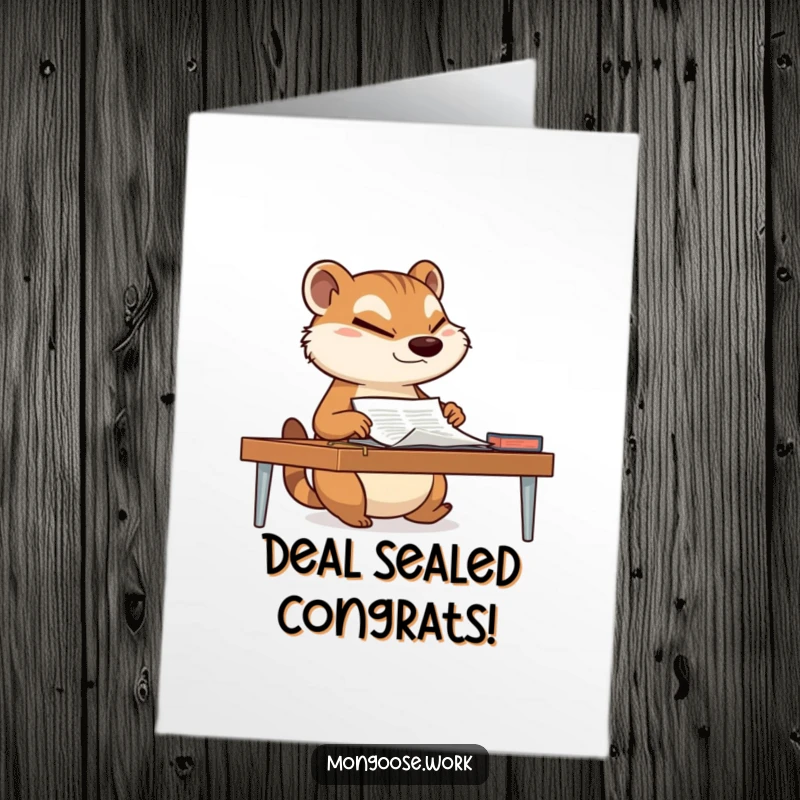 Funny Free Printable Mongoose Congrats Card: A mongoose slides a document with a knowing wink, unique celebratory art.