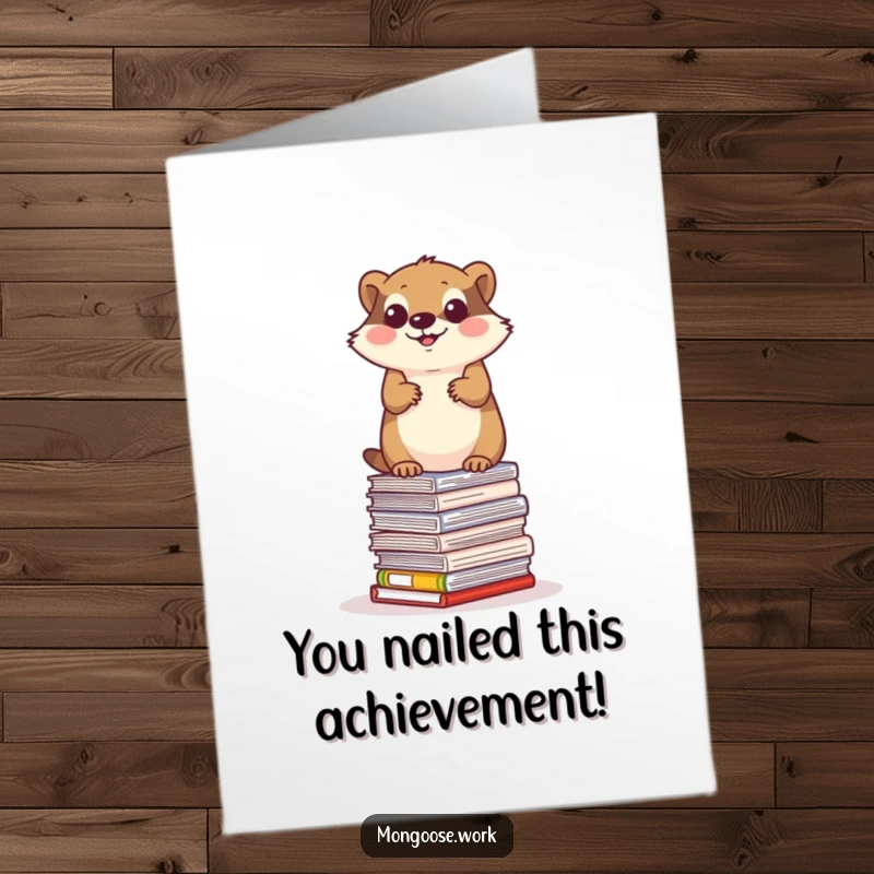 Funny Free Printable Congrats Card: Determined mongoose balancing on a tall stack of office papers, symbolizing success.
