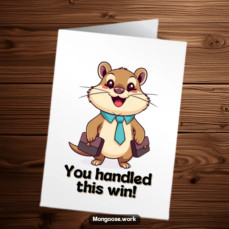 Funny Free Printable Congrats Card: A cheerful mongoose in a tiny tie happily holds a briefcase, celebrating career success.