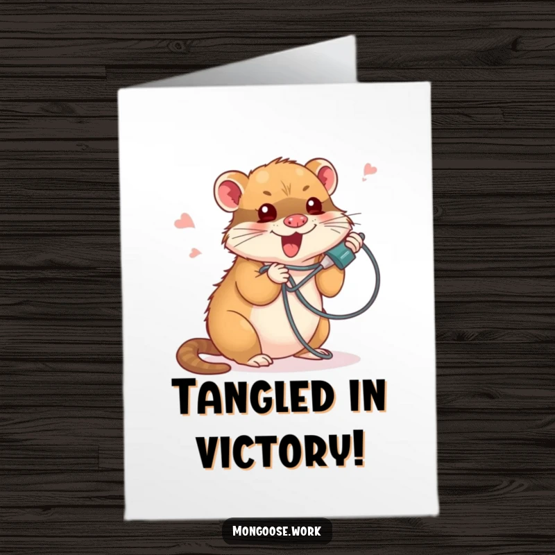 Funny Free Printable Congrats Card: Mongoose comically stuck in a phone cord, symbolizing overcoming obstacles with humor.