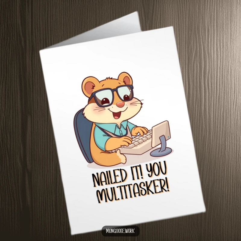 Funny Free Printable Congratulations Card: Giddy mongoose office worker typing energetically on a small keyboard, celebrating success