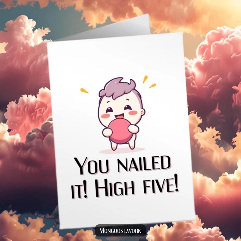 Funny Free Printable Congratulations Card: Character energetically bouncing a stress ball, expressing extreme delight and excitement.