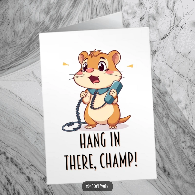 Funny Free Printable Congratulations Card: Bewildered mongoose office worker hopelessly tangled in a phone cord, looking confused